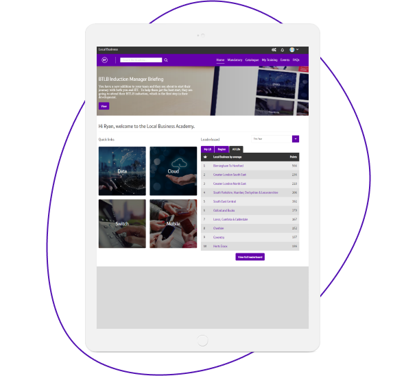 Picture of a tablet with an open web browser showing the BT Local Business Learning Management System