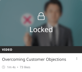 Screenshot of a training module from Academy point a man holding a sign. This module is about customer objections. The module is locked and unavailable.