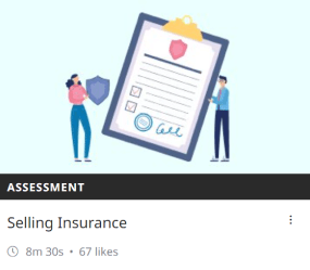 Screenshot of a training module from Academy point showing illustration of a man and a woman holding a clipboard. This module is about selling insurance.