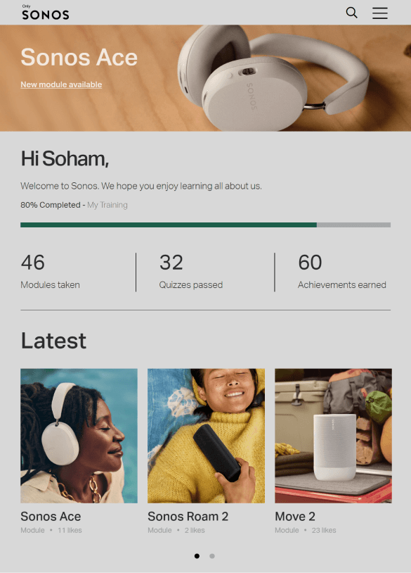 A screenshot of the Sonos LMS. Showing a welcome message, training statistics and the latest training modules.