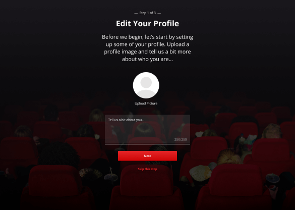 A screenshot of the Cineworld LMS. Asking a new user to upload a profile image and write about themselves as part of the employee onboarding