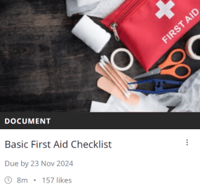 Screenshot of a training module from Academy point showing a first aid kit. This module is called basic first aid checklist. It is now due to be retaken.