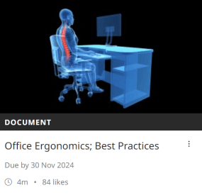 Screenshot of a training module from Academy point highlighting the spine of a man sat at a desk. This module is called office ergonomics; best practices. It is now due to be retaken.