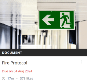 Screenshot of a training module from Academy point showing a fire exit sign. This module is called fire protocol. It is now overdue to be retaken.