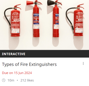 Screenshot of a training module from Academy point showing four fire extinguishers. This module is called types of fire extinguishers. It is now overdue to be retaken.