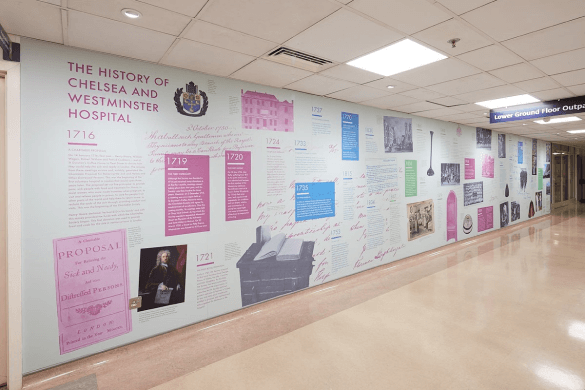 A wall inside the Chelwest trust, showing a history of the trust though imagery and text